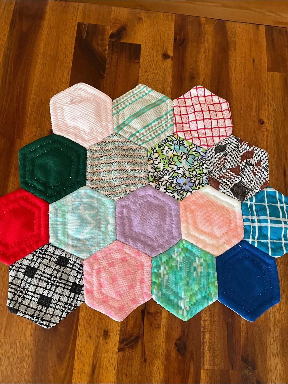 2 Vtg Geometric Handmade Placemats From Old 70s Fabric Pieces MCM Retro